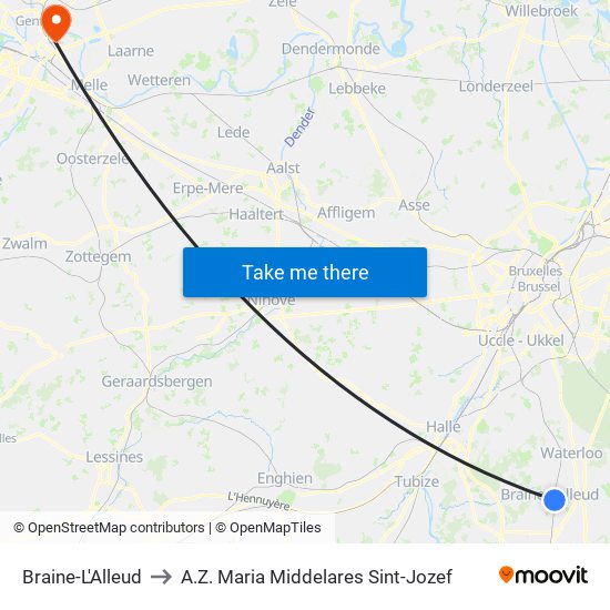 Braine-L'Alleud to A.Z. Maria Middelares Sint-Jozef map