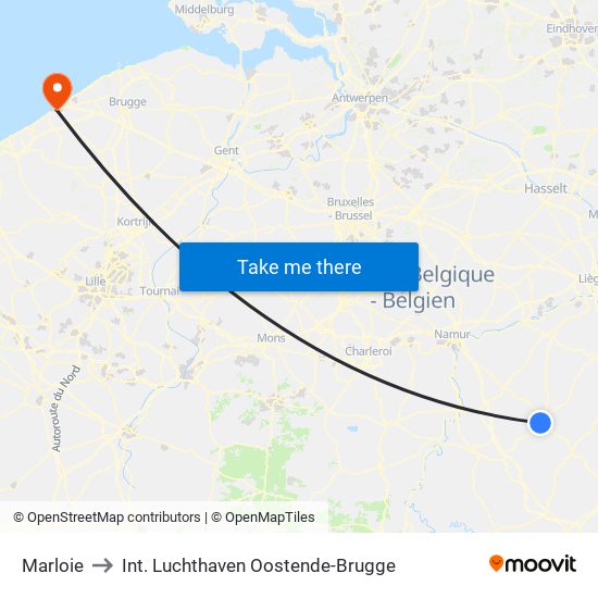 Marloie to Int. Luchthaven Oostende-Brugge map