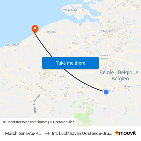 Marchienne-Au-Pont to Int. Luchthaven Oostende-Brugge map