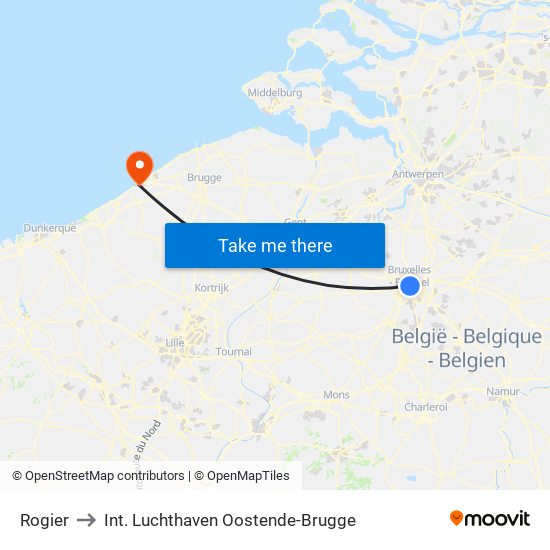 Rogier to Int. Luchthaven Oostende-Brugge map