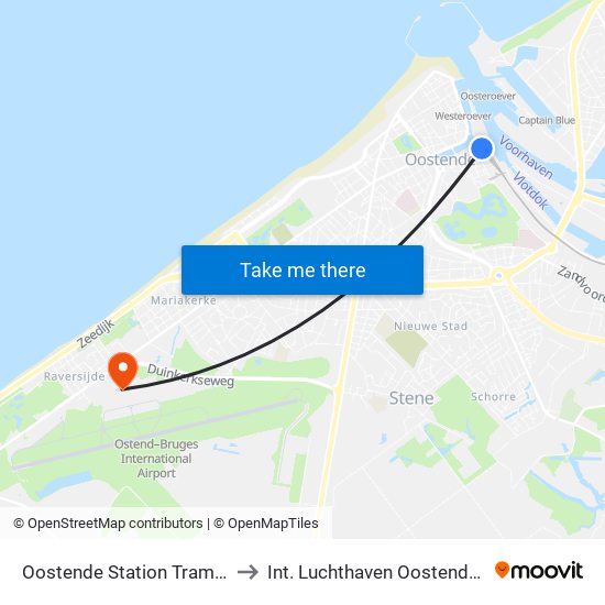 Oostende Station Tramperron 1 to Int. Luchthaven Oostende-Brugge map