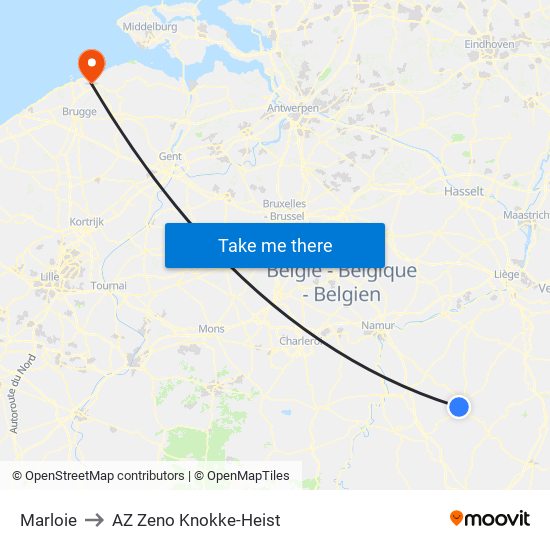 Marloie to AZ Zeno Knokke-Heist map