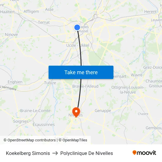 Koekelberg Simonis to Polyclinique De Nivelles map
