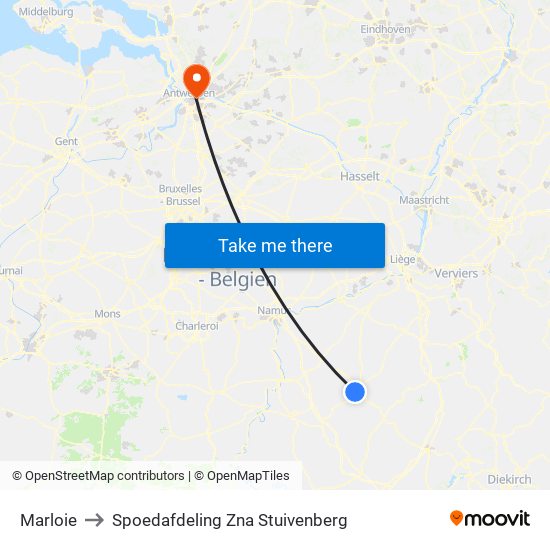 Marloie to Spoedafdeling Zna Stuivenberg map