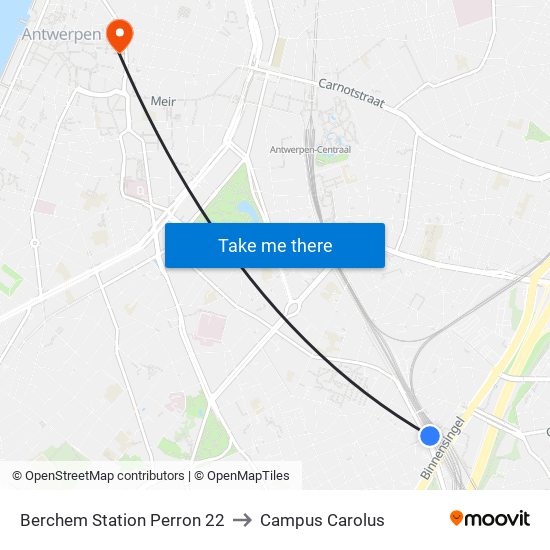 Berchem Station Perron 22 to Campus Carolus map
