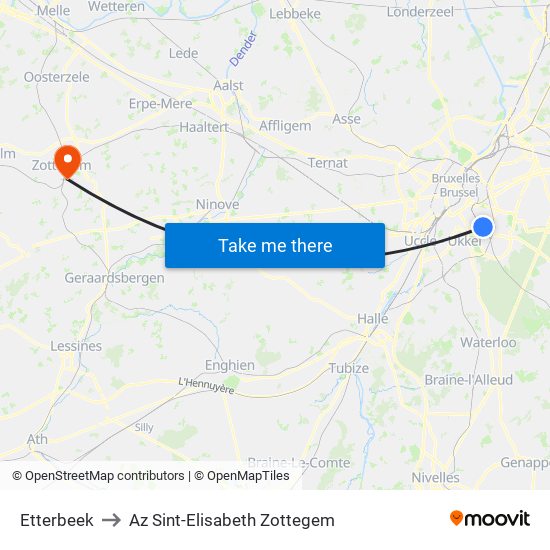 Etterbeek to Az Sint-Elisabeth Zottegem map
