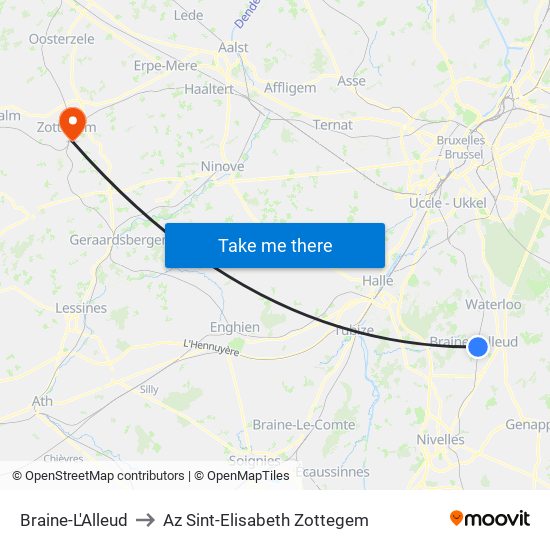 Braine-L'Alleud to Az Sint-Elisabeth Zottegem map