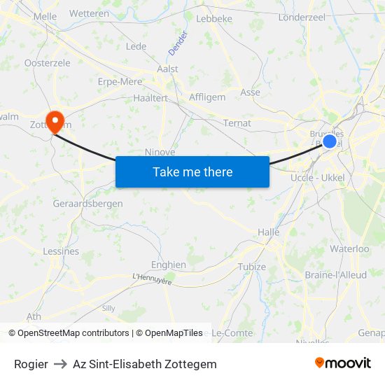 Rogier to Az Sint-Elisabeth Zottegem map