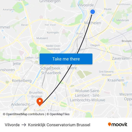 Vilvorde to Koninklijk Conservatorium Brussel map