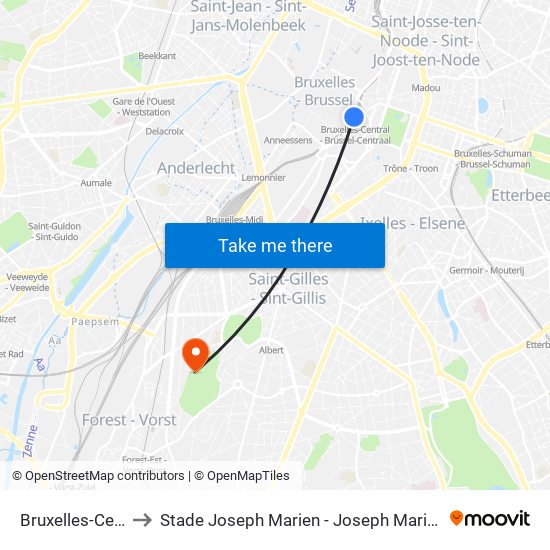 Bruxelles-Central to Stade Joseph Marien - Joseph Marienstadion map