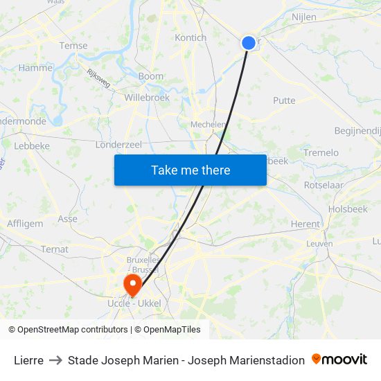 Lierre to Stade Joseph Marien - Joseph Marienstadion map