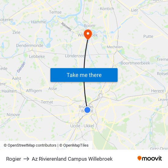 Rogier to Az Rivierenland Campus Willebroek map