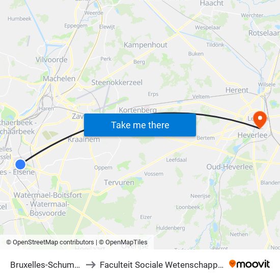 Bruxelles-Schuman to Faculteit Sociale Wetenschappen map