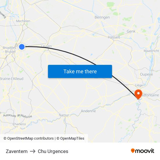 Zaventem to Chu Urgences map