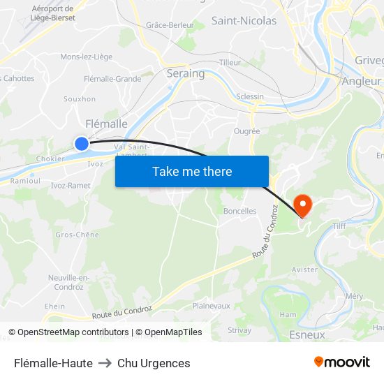 Flémalle-Haute to Chu Urgences map
