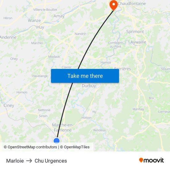 Marloie to Chu Urgences map