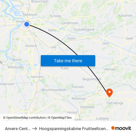 Anvers-Central to Hoogspanningskabine Fruitteeltcentrum map