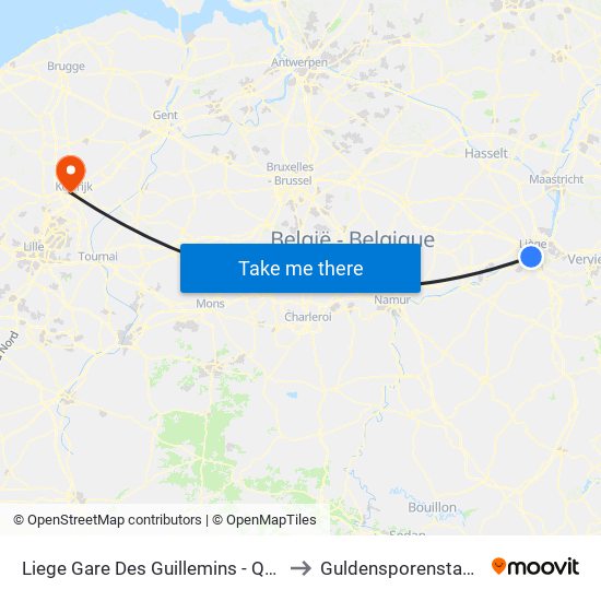 Liege Gare Des Guillemins - Quai D to Guldensporenstadion map