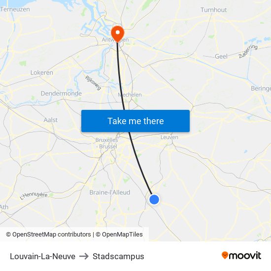 Louvain-La-Neuve to Stadscampus map