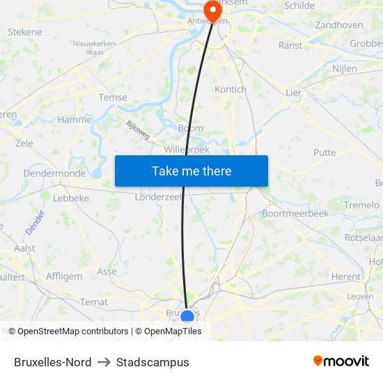 Bruxelles-Nord to Stadscampus map