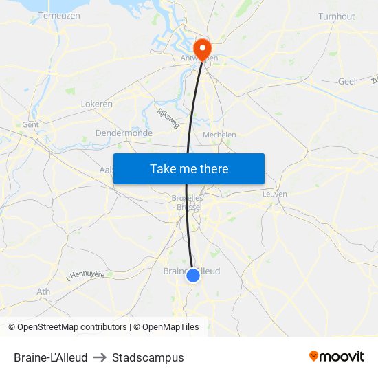 Braine-L'Alleud to Stadscampus map