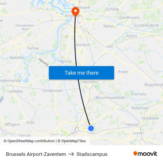 Brussels Airport-Zaventem to Stadscampus map