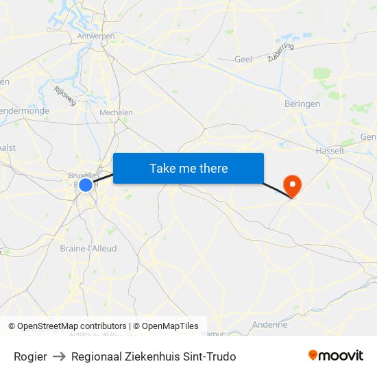 Rogier to Regionaal Ziekenhuis Sint-Trudo map