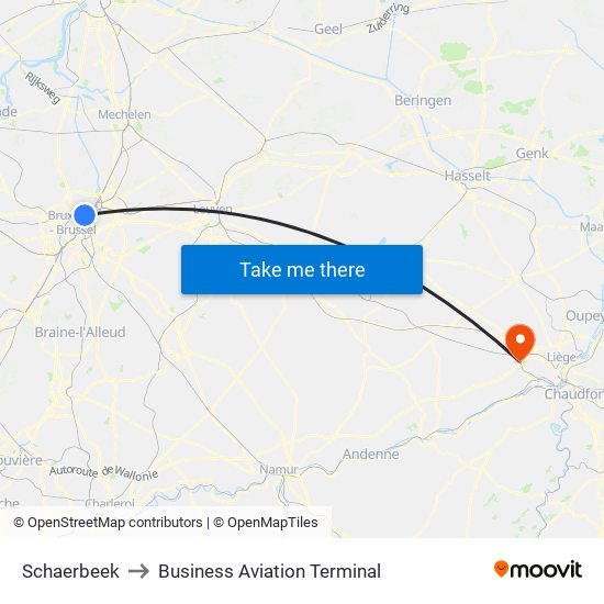 Schaerbeek to Business Aviation Terminal map