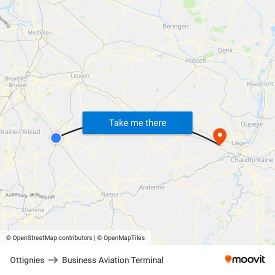 Ottignies to Business Aviation Terminal map