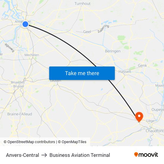 Anvers-Central to Business Aviation Terminal map