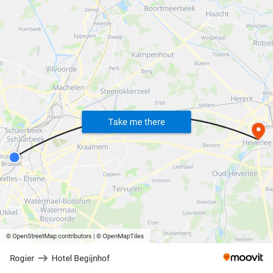 Rogier to Hotel Begijnhof map