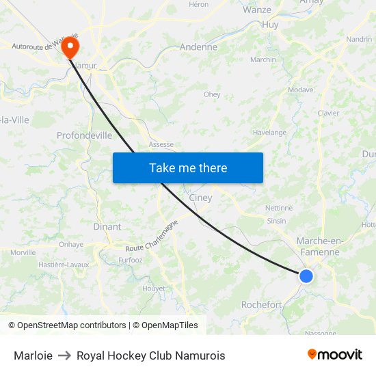 Marloie to Royal Hockey Club Namurois map
