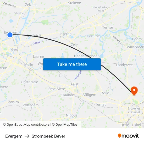 Evergem to Strombeek Bever map