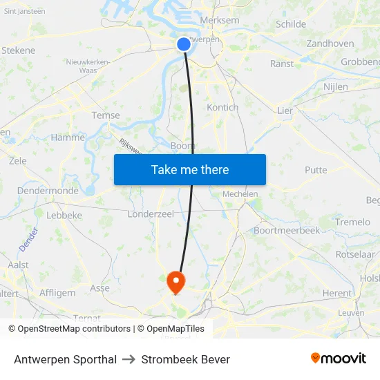 Antwerpen Sporthal to Strombeek Bever map