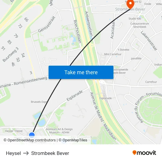 Heysel to Strombeek Bever map