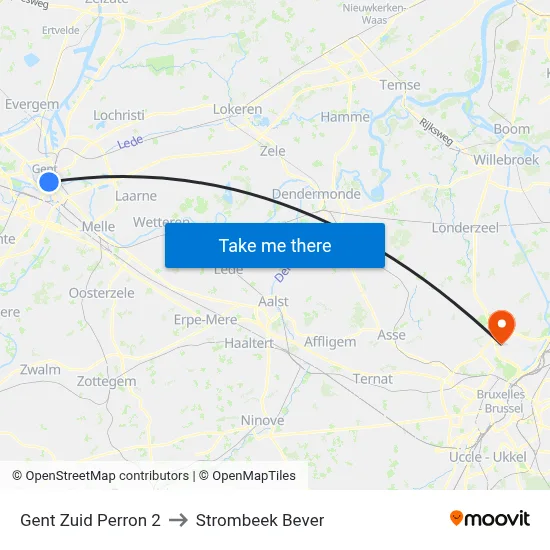 Gent Zuid Perron 2 to Strombeek Bever map