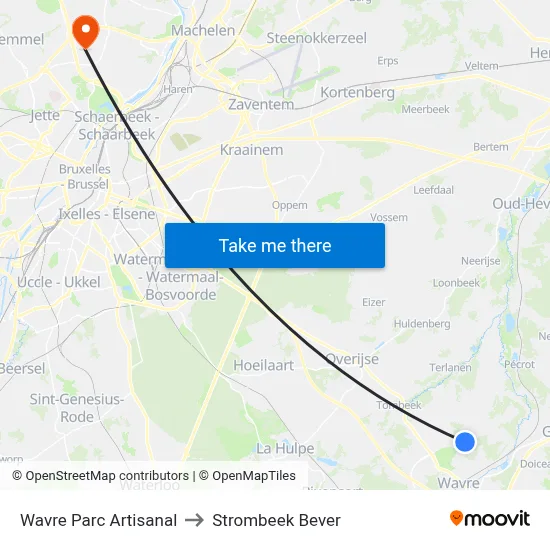 Wavre Parc Artisanal to Strombeek Bever map