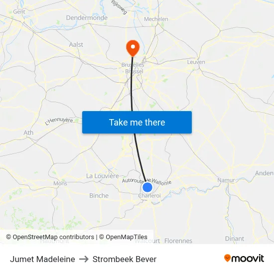 Jumet Madeleine to Strombeek Bever map