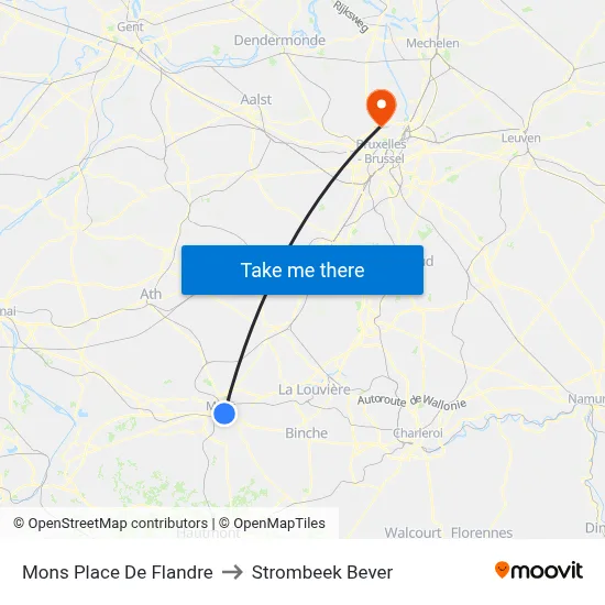 Mons Place De Flandre to Strombeek Bever map