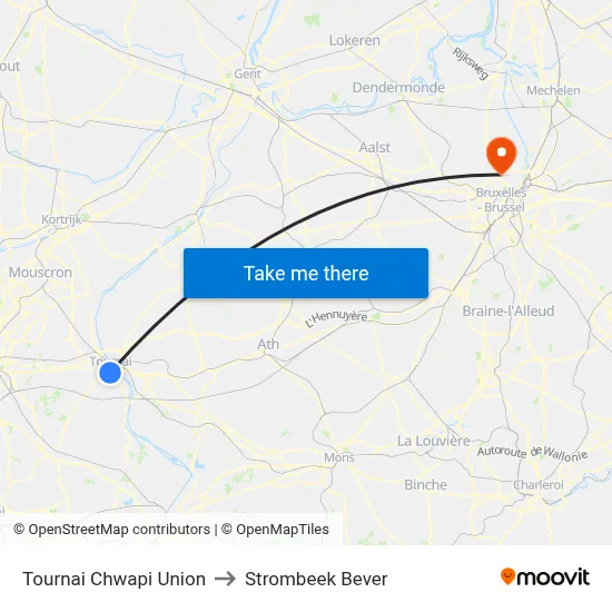 Tournai Chwapi Union to Strombeek Bever map