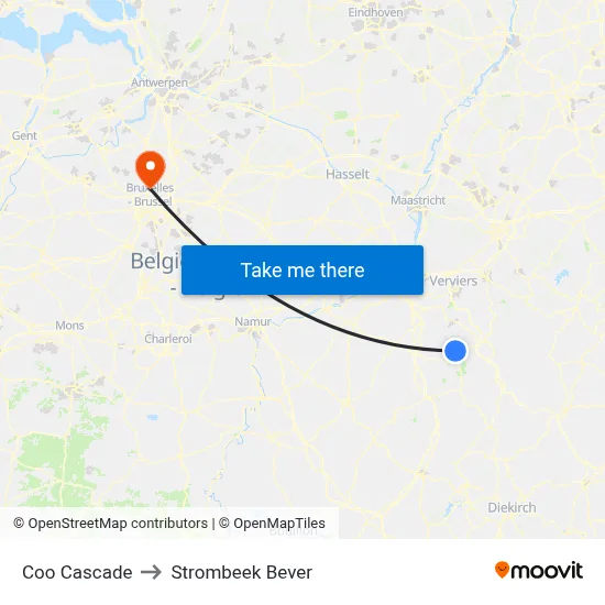 Coo Cascade to Strombeek Bever map