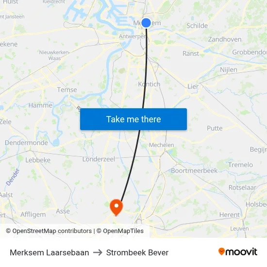 Merksem Laarsebaan to Strombeek Bever map