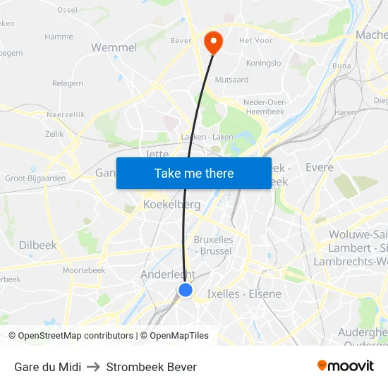 Gare du Midi to Strombeek Bever map
