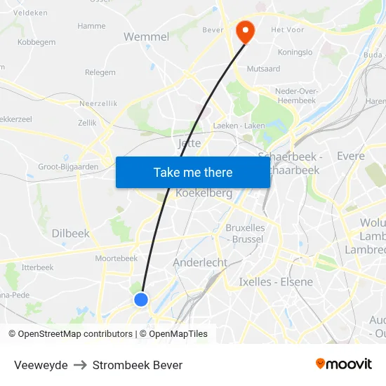Veeweyde to Strombeek Bever map