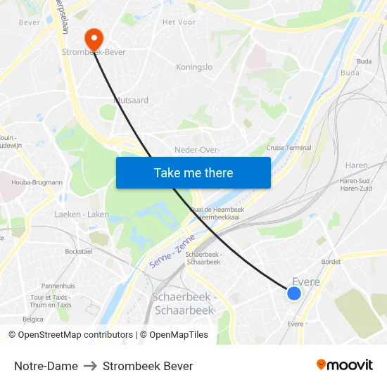 Notre-Dame to Strombeek Bever map
