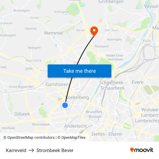 Karreveld to Strombeek Bever map