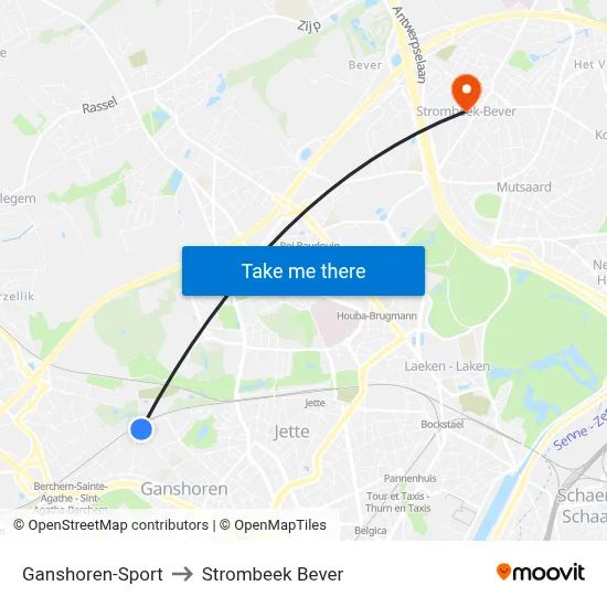 Ganshoren-Sport to Strombeek Bever map