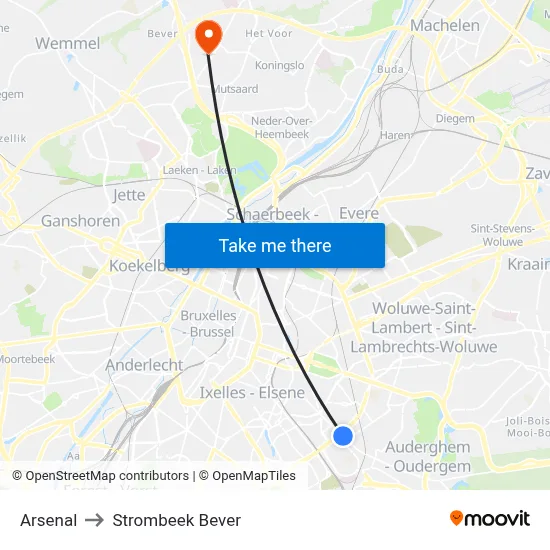 Arsenal to Strombeek Bever map