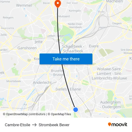 Cambre-Etoile to Strombeek Bever map