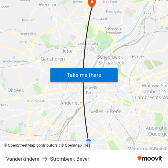 Vanderkindere to Strombeek Bever map